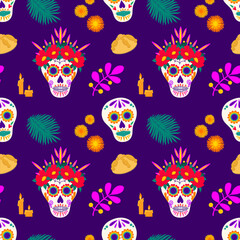 Dia de los muertos seamless vector pattern  with sugar skulls calavera, crowns, candles, marigolds cempasuchil, bread pan de muerto, fantasy branches on purple background for decoration, textile