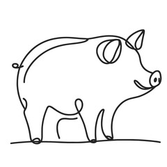 A pig is standing on a field. It is a simple drawing of a pig with a smile on its face