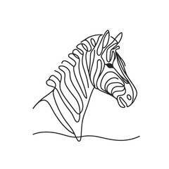 A zebra is shown in a black and white drawing. The zebra has a long neck and a long mane © KATERINA.AI