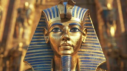 Close-up of a Golden Egyptian Pharaoh Bust with Blue and Gold Accents
