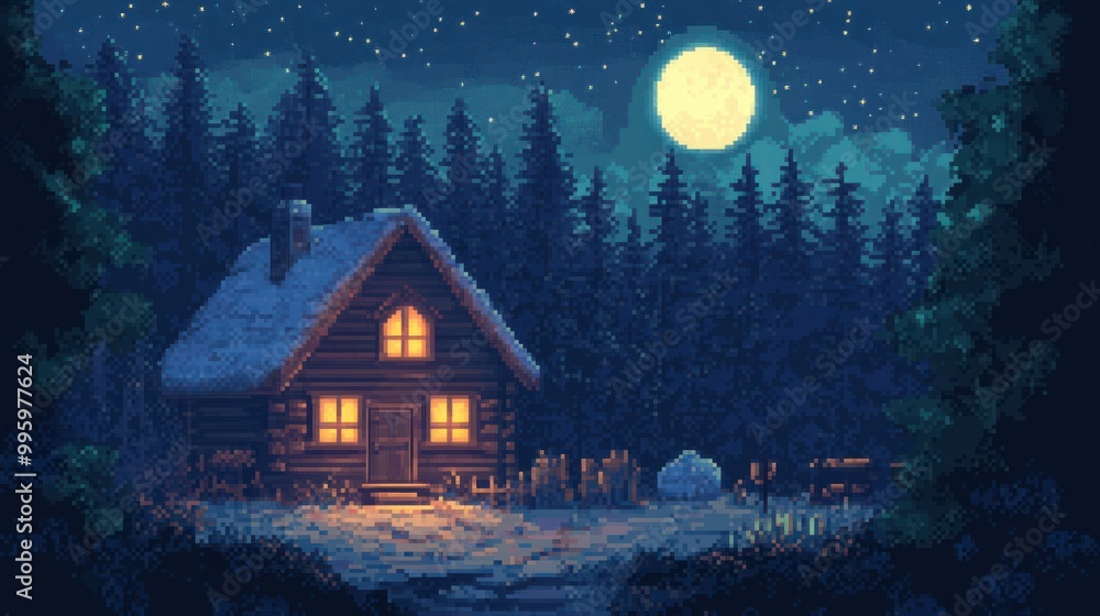 Sticker A Cozy Cabin in the Woods Under a Full Moon and Starry Sky