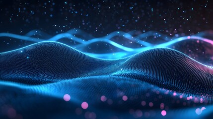 Creative motion waving dots texture with glowing defocused particles. Technology digital wave background concept. Cyber or technology background. 