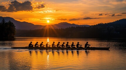 A group of rowers are rowing a boat on a lake at sunset