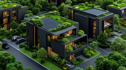 Sustainable Living: A futuristic vision of modern, eco-conscious architecture featuring sleek black homes with lush green roofs, seamlessly blending urban living with nature.  