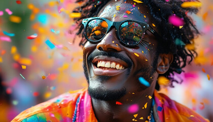 Happy candid young business black man eyeglasses dancing under confetti at an office party celebrating success and company goals & yearly achievement