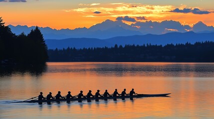Naklejka premium A row of people are rowing a boat on a lake at sunset