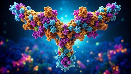 Colorful 3d rendering of an antibody floating in the bloodstream with other cells around it