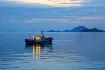 A boat is floating on the ocean with a beautiful blue sky in the background
