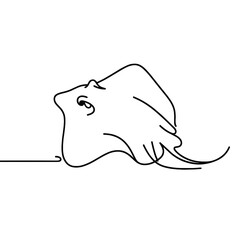 A drawing of a stingray with its head tilted to the side. The drawing is in black and white and has a very simple, minimalist style