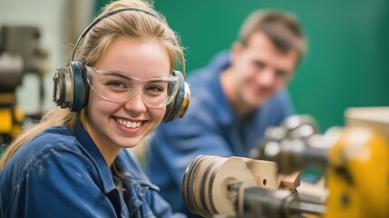 A girl wearing a blue shirt and goggles is smiling at the camera