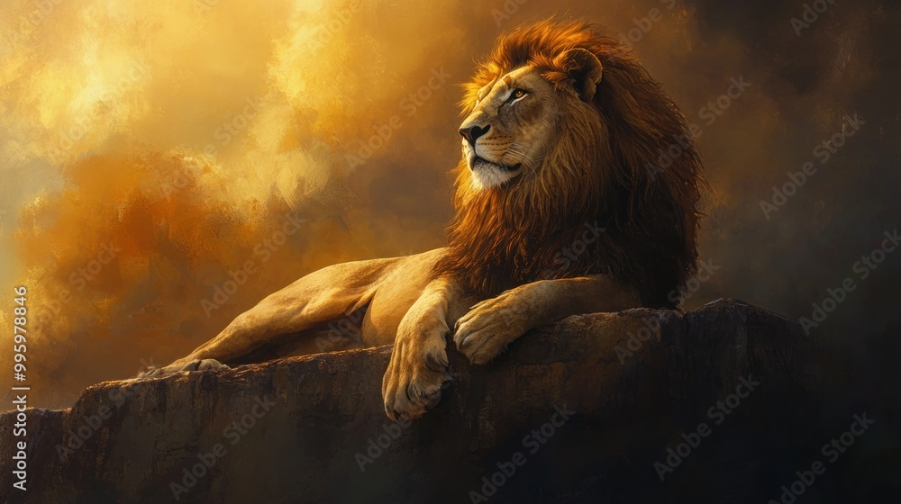 Poster Majestic Lion Resting on a Rocky Outcrop at Sunset