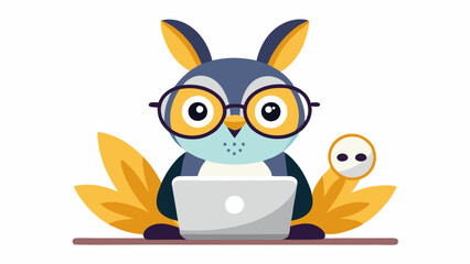 A cute rabbit wearing glasses is sitting on the laptop with a white background. An owl with glasses and a surprised look. high quality vector illustration.