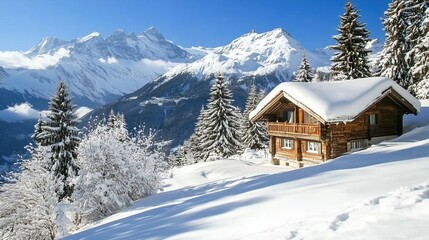Fototapeta premium A cabin in the snow with a view of mountains