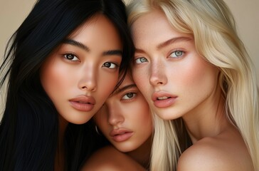 Three women with different hair colors and makeup styles are posing for a photo
