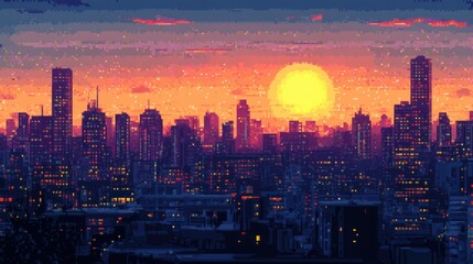 Fototapeta premium Pixelated Cityscape with Sunset and Brightly Lit Windows