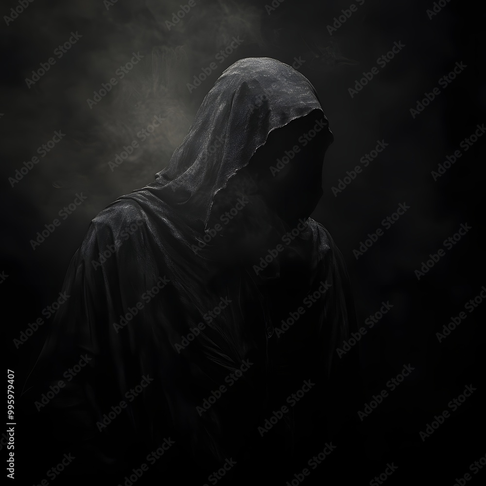Poster 44. a mysterious figure with a hood, emerging from shadows with an aura of intrigue.