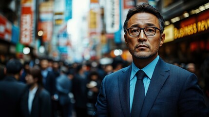 Businessman Standing in Busy City Street