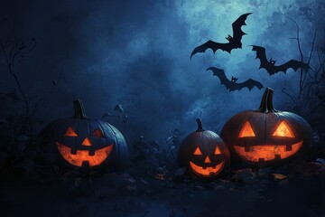 Fototapeta premium halloween banner, night sky with pumpkins and bats, ideal for halloween banner with room for text