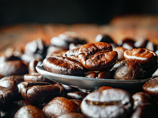 Roasted coffee bean on a stainless steel spoon, Close-up of fresh roasted coffee bean, Wallpapers of  roasted coffee bean, macro
