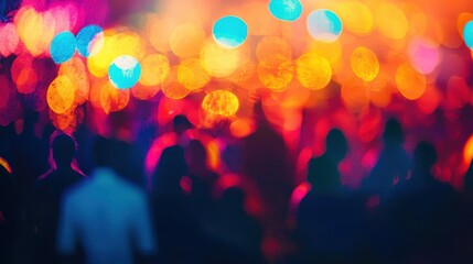 Abstract defocused image of a crowd with vibrant and colorful bokeh lights, perfect for festive and celebratory scenes.