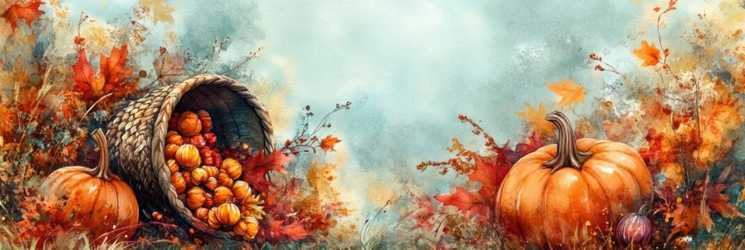 fall harvest watercolor, beautiful watercolor background featuring pumpkins, fall leaves, and a cornucopia perfect for thanksgiving greeting cards