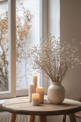 home decor inspiration, a wooden table with a dried flower arrangement and candles creates a peaceful vibe, perfect for vertical home backgrounds