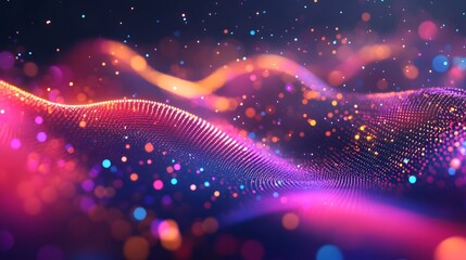 Creative motion waving dots texture with glowing defocused particles. Technology digital wave background concept. Cyber or technology background. 