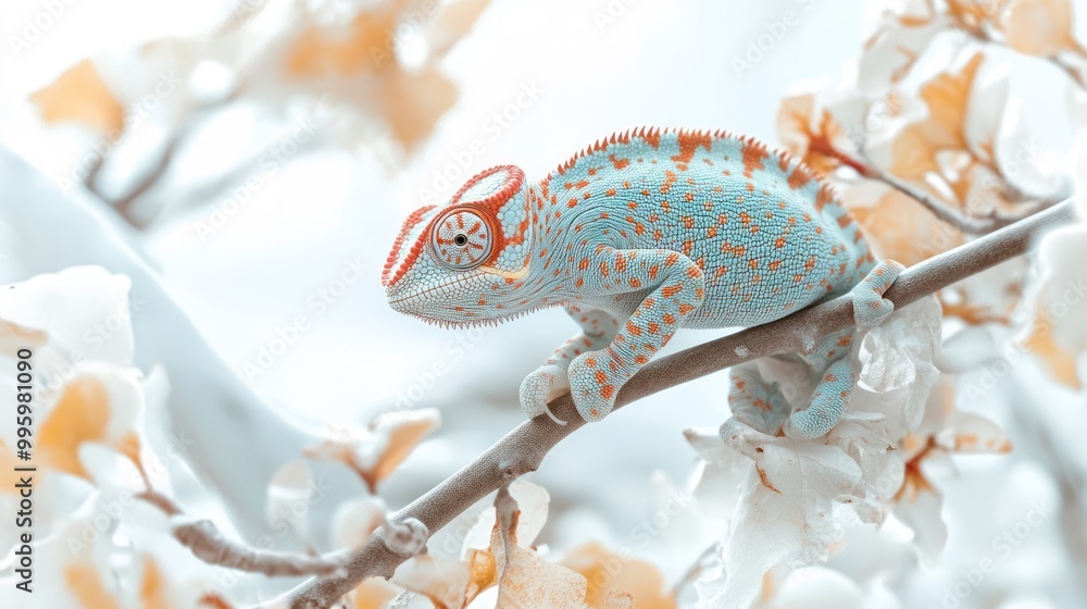 Wall mural A Blue Chameleon Perched on a Branch with White Blossoms