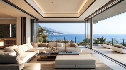 luxury coastal living, luxury waterfront modern home with panoramic ocean views, plush furnishings, and a designer living room perfect for sophisticated coastal living