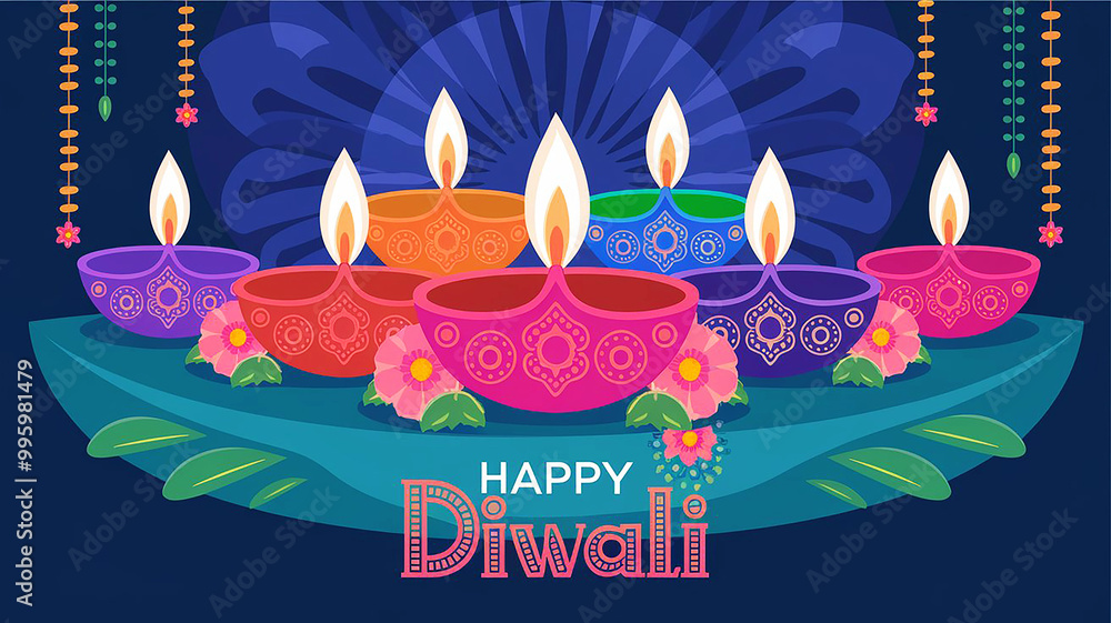 Fototapete a happy diwali wish card with a background of diya decorations there are multiple diyas with differe