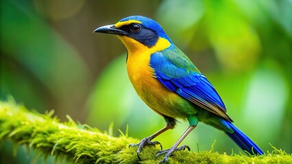Fototapeta premium In a vibrant tropical forest, a lively blue and yellow bird with a curved beak rests on a lush green branch, its feathers aflight.