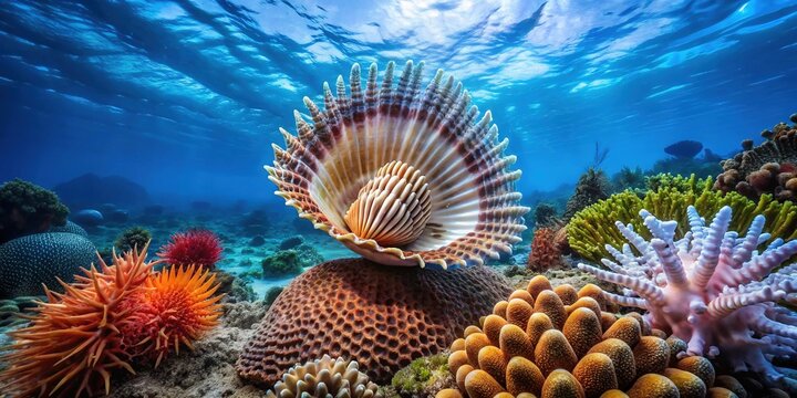 In the ocean, a lingula's delicate shell and feathery gills sway gently in the current, amidst coral and soft sediment.
