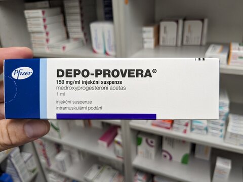 Prague,Czech Republic-September 26 2024: DEPO-PROVERA box of medication with MEDROXYPROGESTERONE active substance by PFIZER,used for contraception,birth control	
