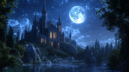 A Gothic Castle Perched on a Cliffside Under a Starry Night Sky