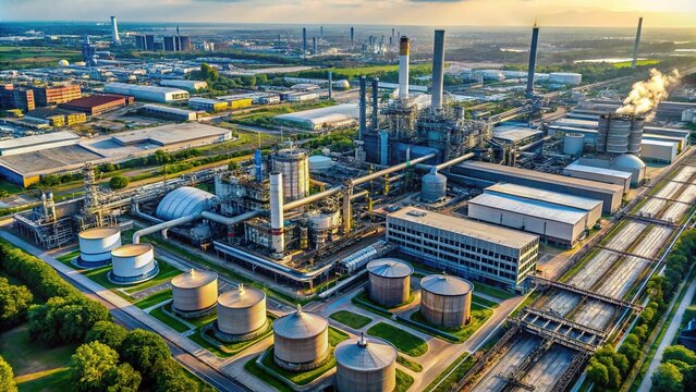 Industrial behemoth sprawled across the landscape, steel structures and storage tanks punctuating the vast terrain, machinery humming in unison.