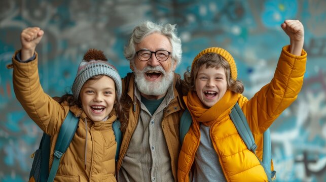 A delighted grandfather shares a joyful moment with his grandkids as they pose enthusiastically in front of colorful street art, radiating happiness