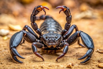 Intricate Black Scorpion With A Long, Segmented Tail And Pincers, Facing The Viewer With A Fierce Expression On Its Face.