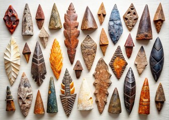 Intricate hand-drawn sketches of arrowheads showcase diverse shapes, sizes, and textures, highlighting the beauty and craftsmanship of ancient Native American art.