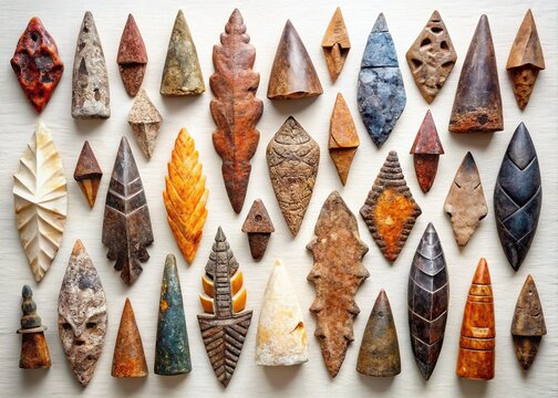Intricate hand-drawn sketches of arrowheads showcase diverse shapes, sizes, and textures, highlighting the beauty and craftsmanship of ancient Native American art.