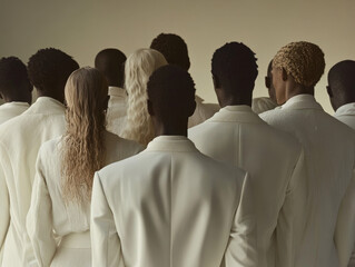 Group of diverse people wearing white suits, facing forward.