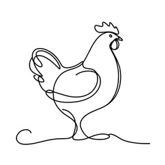 A chicken is standing on a white background. The chicken is drawn in a simple, stylized way, with its legs and wings drawn as lines. The chicken appears to be looking to the right