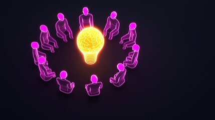 Fototapeta premium Abstract glowing human icons sitting in a ring around a central, glowing idea, representing a visionary group discussion.