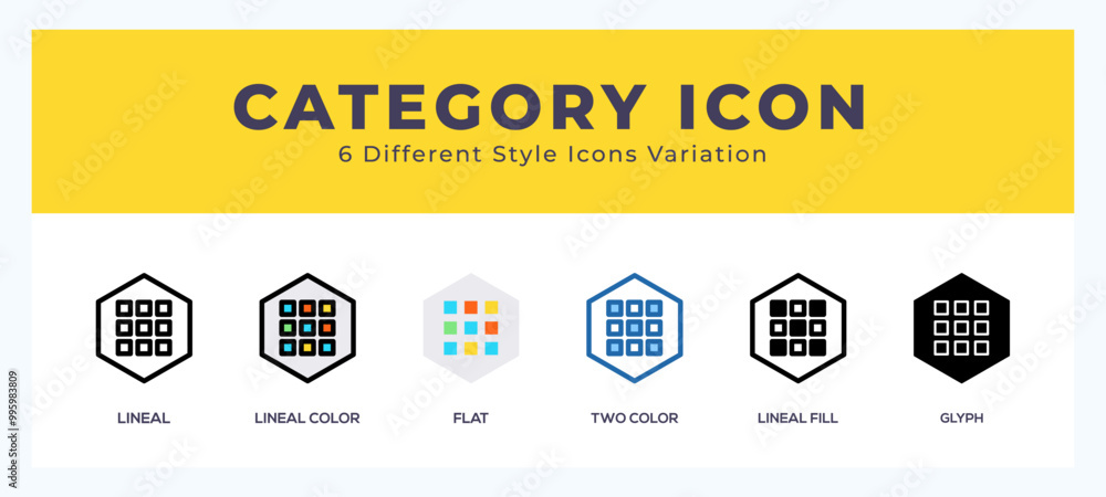 Poster category icon set with different styles. icons designed in filled. outline. flat. glyph and line col