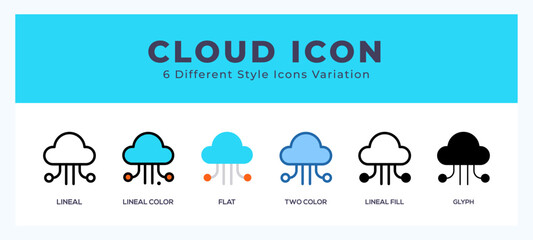 Cloud icon set. outline. glyph black. flat color and filled line color