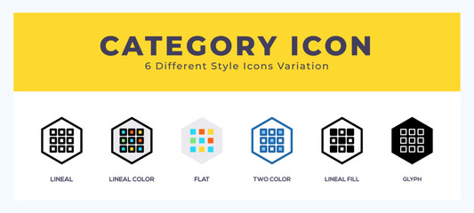 Category icon set with different styles. Icons designed in filled. outline. flat. glyph and line colored.