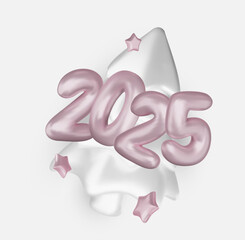 2025 Happy New Year. Realistic xmas tree and metal number. 3d render metallic sign. Celebrate party 2025. Christmas Poster, banner, cover card, brochure, flyer, layout design
