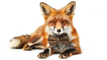 Fototapeta premium A fox wearing a bow tie on a white background.
