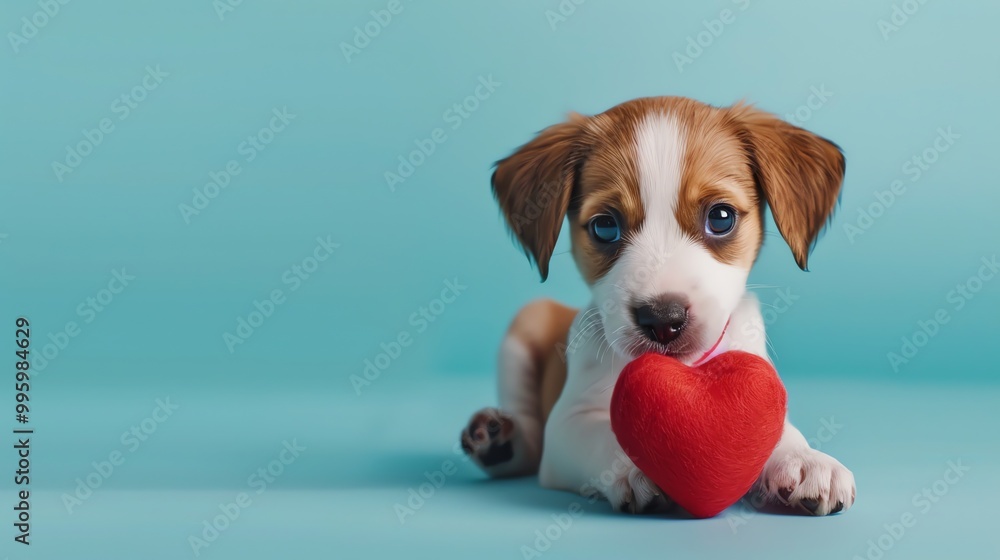 Wall mural A small puppy holding a red heart.