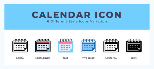 Calendar icon in filled. thin line. outline stroke and flat style.