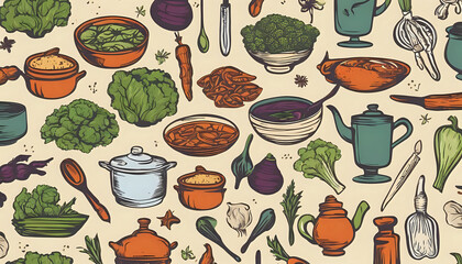 A seamless vintage pattern featuring kitchen utensils like cups, pots, and spoons, ideal for coffee and tea themes in a restaurant or cafe setting